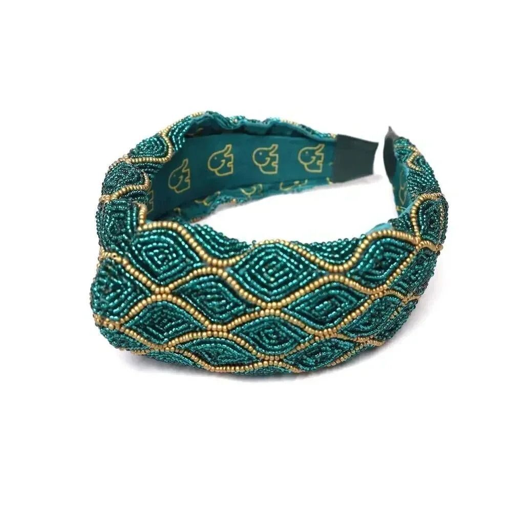 Schwab Beaded Headband - Handmade Embellished Headband - TEAL GREEN